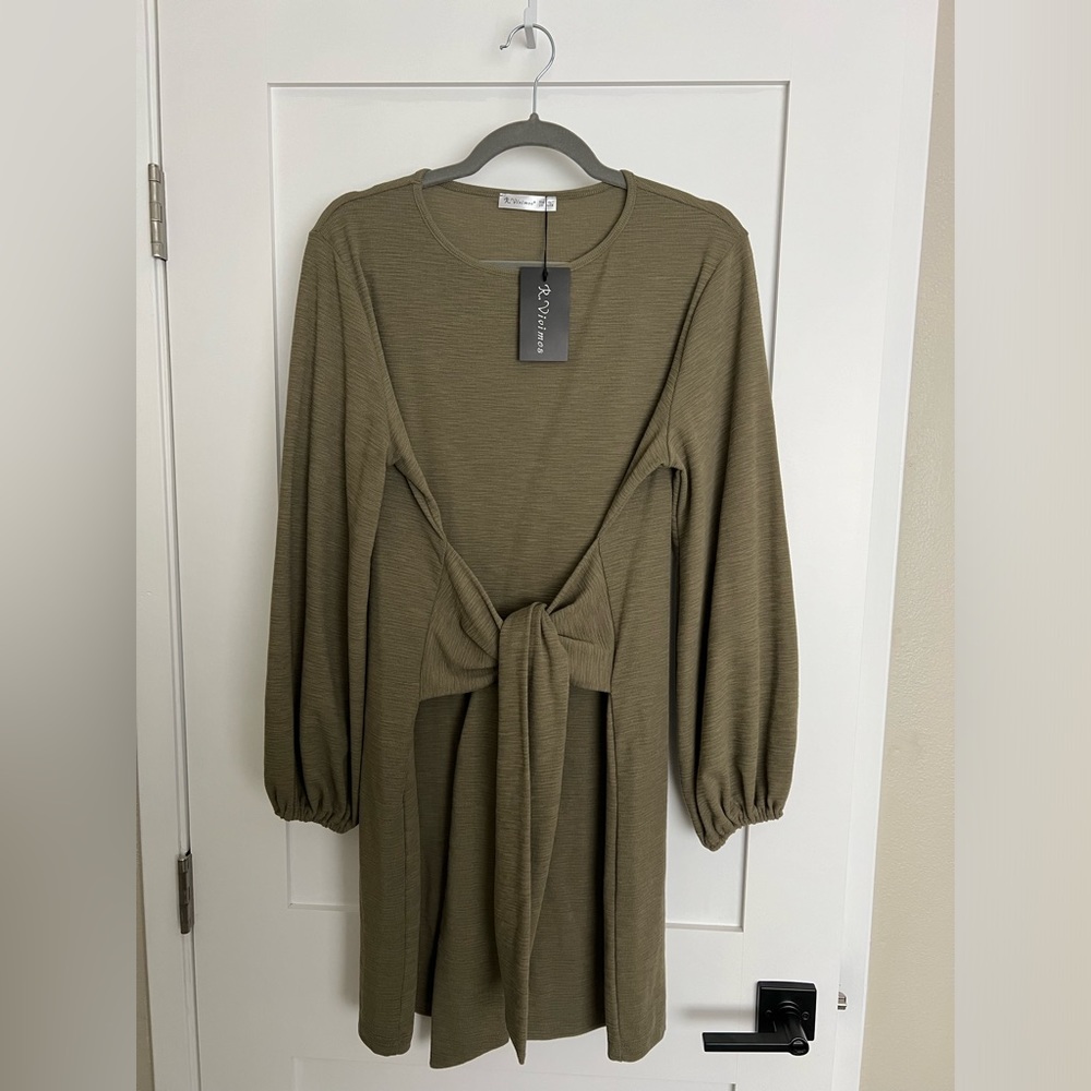 r. vivimos green long sleeve tie-waist dress nwt